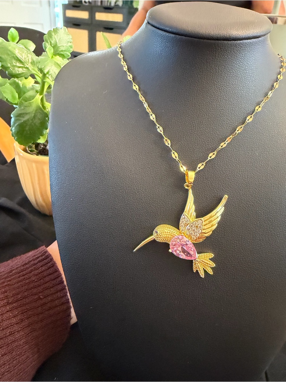Gold Hummingbird Pendant Necklace with Pink Crystal Accent